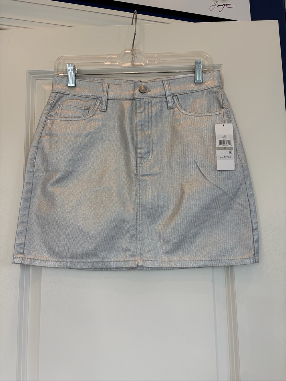 DKNY High Rise Silver Metallic Denim Mini Skirt - Women